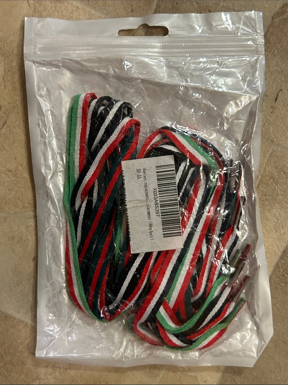 Striped Multicolor-Red, Black, White, Green Shoe Laces 4 Pair